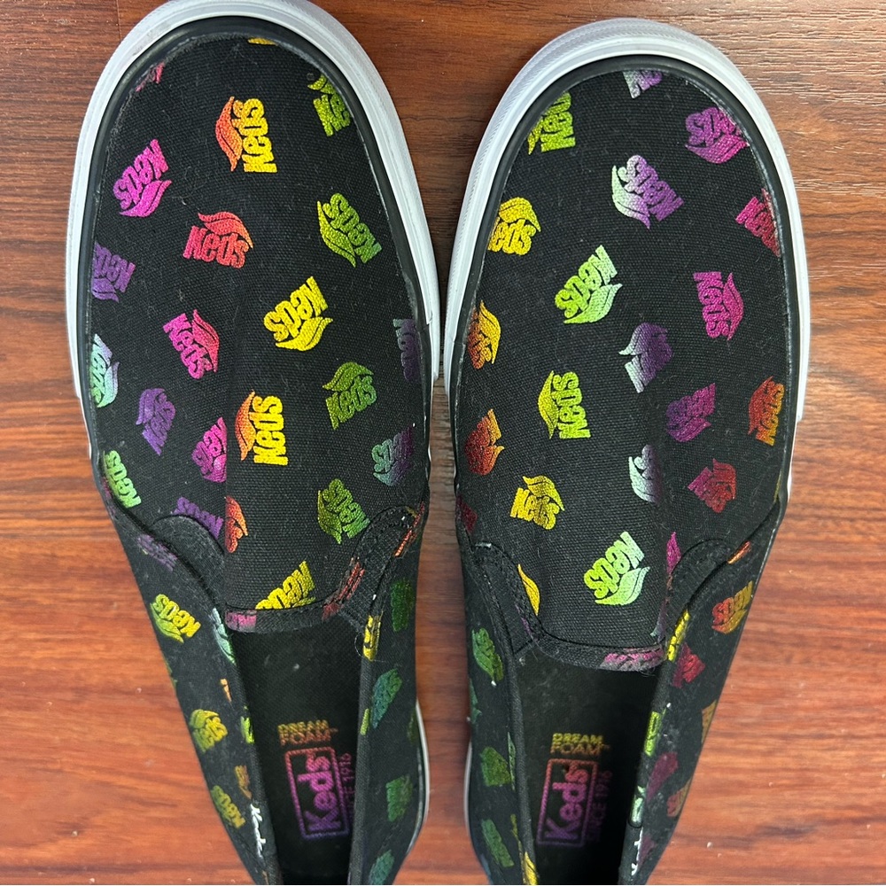 Keds Black Slip-On Sneakers with Multicolor Logo